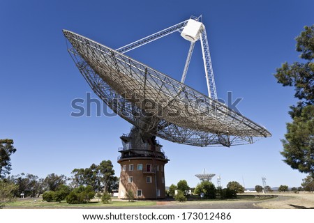 The historical radio telescope dish which actively took part in the 1969 first landing of man in the moon located in Parkes, New South Wales, Australia.