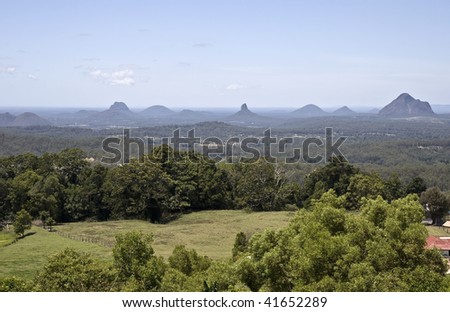 Glass House Mountains in the Sunshine Coast, Australia, viewed from Mary Cairncross Reserve