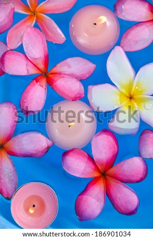 Top view frangipani flowers with three candle in the water