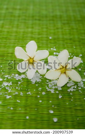 Macro of white gardenia flower with pile of salt on green straw mat