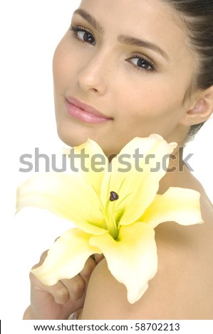 stock photo : pretty woman with beautiful makeup and lily flower on her shoulder