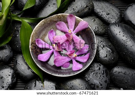 Bowl of rorchid with black stones and green plant on mat