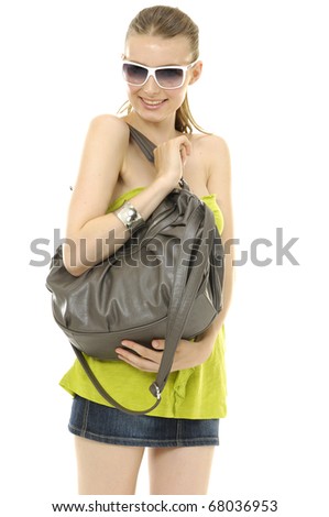 stock photo : pretty young happy woman with fashion sunglasses and handbag