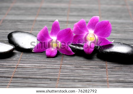 Pink orchid and zen Stones on bamboo mat