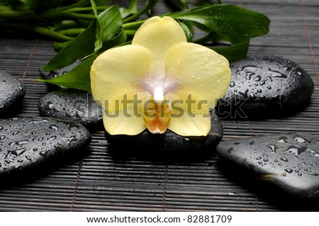Macro of yellow orchid and zen wet Stones on mat