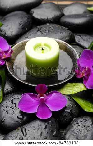 candle in water bowl with pink orchid and green plant on wet stones