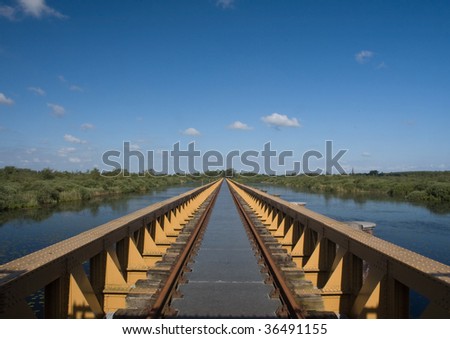 Abandoned railway bridge over a swamp on an early summer morning