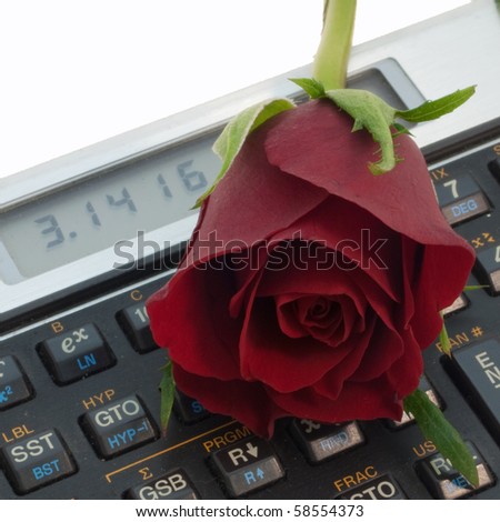 Red rose on top of an electronic calculator showing the number pi, isolated on white
