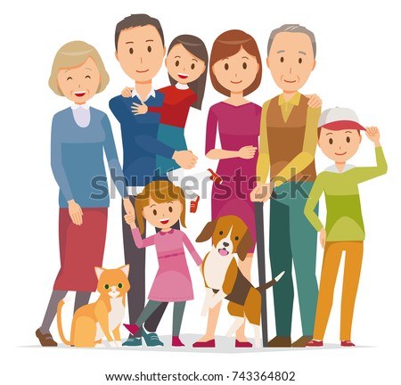 Illustration of family - 7 people of 3 generations and pet in winter