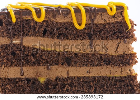 Side view or cross cake. Texture and used ingredient for this cake are visible. A professional food stylist was used for this image.