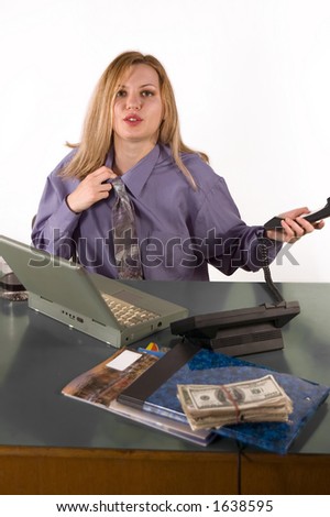 Business woman in office with earn blur money in first plane