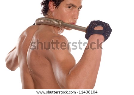 stock photo Sweaty builderman training his body with power twister
