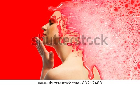 Woman with closed eyes and red liquid bubbles on head on red backgrounds. Compilation of two photos