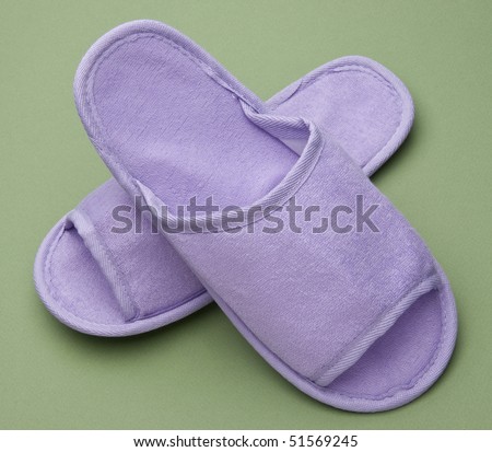 Relaxing Purple Slippers on a Sage Green Background.