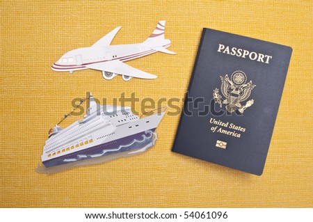 Cruise Ship, Airplane and American Passport on a Vibrant Yellow Background for a Travel Concept Image.