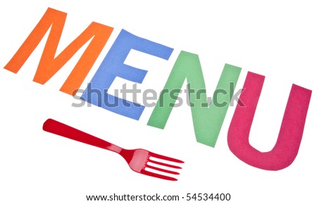 Menu in Vibrant Colors with a Red Plastic Fork Isolates on White with a Clipping Path.