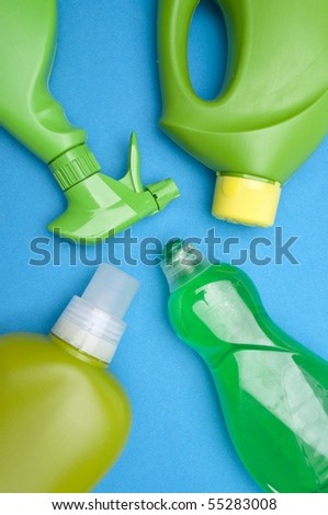 Colorful Group of Green Cleaning Supplies for Natural and Environmentally Friendly Cleaning Themes.