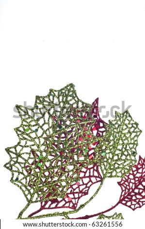 Holiday Leaf Border or Background Image with Red and Green Leaves on White.