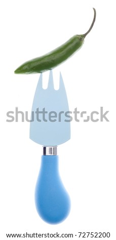 Serrano Pepper on Blue Fork Isolated on White with a Clipping Path.