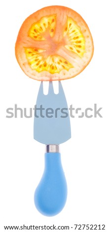 Juicy Tomato Slice Detail on Blue Fork Isolated on White with a Clipping Path.
