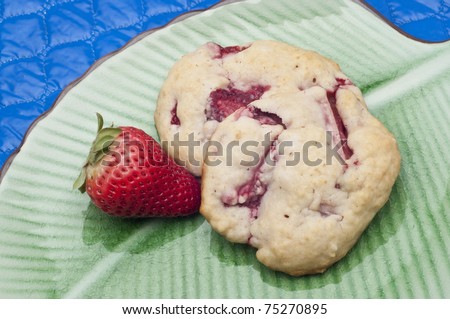 Strawberry Shortcake Cookies on a Plate with Fresh Strawberry.