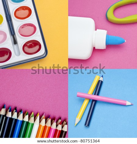 Art Supplies on Multi Colored Background Creativity and The Arts Concept Image.