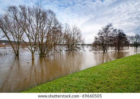 High water flood at elbe dike