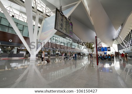 GDANSK AIRPORT, POLAND - JUN 17: Interior of new modern terminal at Lech Walesa Airport in Gdansk on Jun. 17, 2012. The terminal was build for soccer Euro Cup 2012.