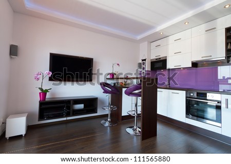 Modern Living Room With Purple Kitchen Interior