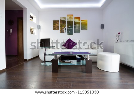 Modern lliving room interior with Cliffs of Moher canvas on the wall - it is my photo available in shutterstock gallery