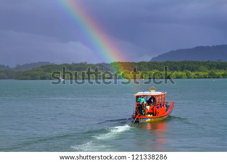 Rainbow and boat on the river at Koh Kho Khao in Thailand