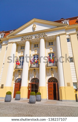 SOPOT, POLAND - MAY 06, 2013: Facade of Sofitel Grand Hotel on May 6, 2013 in Sopot. This five stars hotel was built in 1924 at the seaside of the Gdansk Bay, in the heart of old town and at the pier.