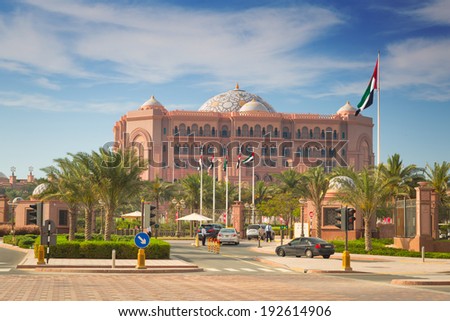 ABU DHABI, UAE - MARCH 29: Emirates Palace and gardens on March 29, 2014, UAE. Five stars Emirates Palace is the second most expensive hotel ever built for about 6 billion USD.