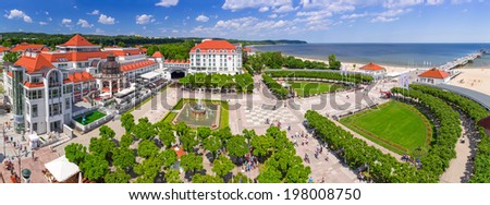 SOPOT, POLAND - 7 JUNE: Panorama of Sopot at Baltic Sea with wooden pier on 7 June 2014. Sopot pier with 511.5 meters long is the longest wooden pier in Europe.