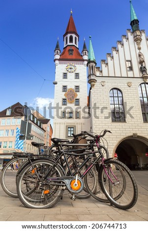 MUNICH, GERMANY - 19 JUNE 2014: Bikes at the old town hall in Munich, Germany. The Old Town Hall bounds the central square Marienplatz on its east side, was constructed in 1392/1394.
