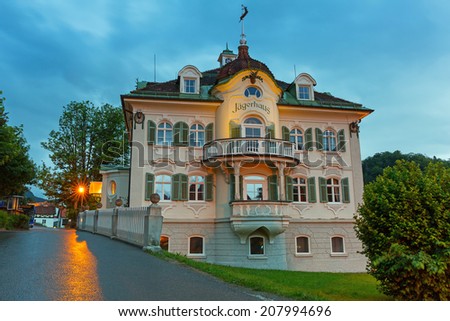 HOHENSCHWANGAU, GERMANY - 19 JUNE 2014: Bavarian architecture of Hohenschwangau village at Neuschwanstein Castle, Germany. Hohenschwangau is a village located between two popular castles.