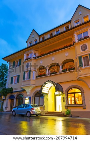HOHENSCHWANGAU, GERMANY - 19 JUNE 2014: Hotel Muller in Hohenschwangau village at Neuschwanstein Castle, Germany. Hohenschwangau is bavarian village located between two popular castles.