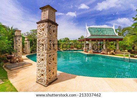 KOH KHO KHAO, THAILAND - 10 NOV 2012: Oriental architecture of Andaman Princess Resort & SPA. Hotel was destroyed by tsunami in 2004 and rebuild, Koh Kho Khao, Phang Nga in Thailand.
