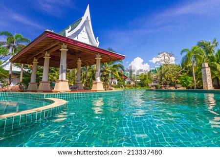 KOH KHO KHAO, THAILAND - 14 NOV 2012: Oriental architecture of Andaman Princess Resort & SPA. Hotel was destroyed by tsunami in 2004 and rebuild, Koh Kho Khao, Phang Nga in Thailand.