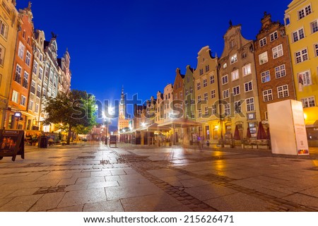 GDANSK, POLAND - 8 AUGUST 2014: Architecture of the Long Lane in Gdansk at night. Baroque architecture of the Long Lane is one of the most notable tourist attractions of the city.