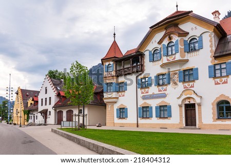 HOHENSCHWANGAU, GERMANY - 20 JUNE 2014: Bavarian architecture of Hohenschwangau village at Neuschwanstein Castle, Germany. Hohenschwangau is a village located between two popular castles.