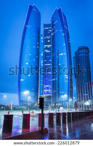 ABU DHABI, UAE - 26 MARCH 2014: Etihad Towers buildings in Abu Dhabi, United Arab Emirates. Five towers complex with 74 floors is the third tallest building in Abu Dhabi.