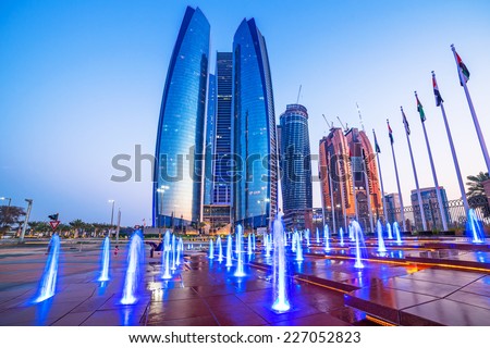 ABU DHABI, UAE - 28 MARCH 2014: Etihad Towers buildings in Abu Dhabi. United Arab Emirates. Five towers complex with 74 floors is the third tallest building in Abu Dhabi.