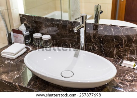 WARSAW, POLAND - 27 FEBRUARY 2014: Luxury bathroom of DoubleTree by Hilton Hotel & Conference Centre in Warsaw, Poland. DoubleTree by Hilton has over 400 hotels and resorts around the world.