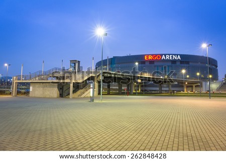 GDANSK, POLAND - MARCH 10, 2015: Stadium Ergo Arena at night on the boundary of two cities - Gdansk and Sopot in Poland. Ergo Arena has a capacity up to 15,000 people for sports events and concerts.