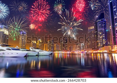 Fireworks displayon the sky in Dubai city, UAE