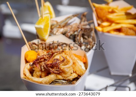 Sea food in cones on the street of Italy