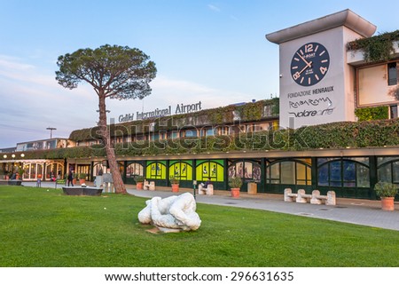 PISA, ITALY - APRIL 10, 2015: Monumental sculptures of Rabarama at Pisa International Airport, Italy. Galileo Galilei Airport named after famous scientist from Pisa is the main airport in Tuscany.