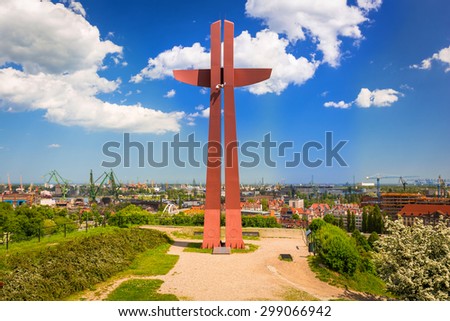 GDANSK, POLAND - MAY 11, 2015: Millenium cross on the hill in Gdansk, Poland. Gdansk is a Polish city on the Baltic coast, one of the main seaport and center of Tri City metropolitan area.