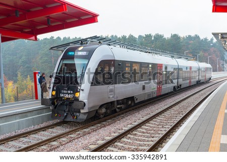 GDANSK, POLAND - OCTOBER 31, 2015: Platform of Pomeranian Metropolitan Railway in Gdansk, Poland. PKM is a new railway built in 2015 connecting \
Lech Wa??sa Airport with Gdansk Wrzeszcz and Kartuzy.